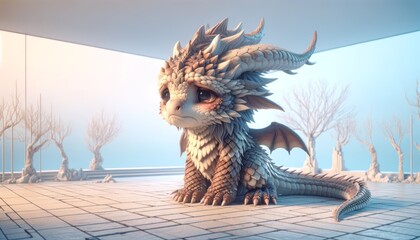 A futuristic dragon creature in a digital sci-fi environment - obrazy, fototapety, plakaty