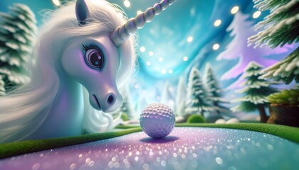 Cartoon Unicorn Playing Golf in a Snowy Landscape - obrazy, fototapety, plakaty