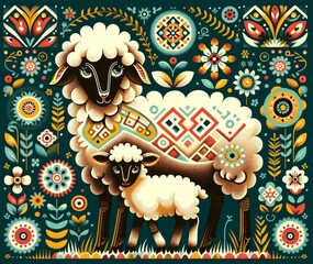 Stylized Sheep and Lamb in a Vibrant Floral and Geometric Setting