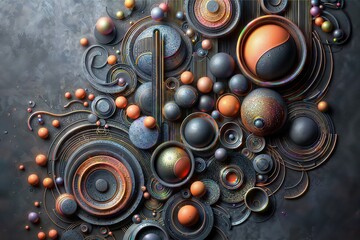 Surreal, intricate 3D illustration with a mix of mechanical and organic elements. Metallic gears, spheres, and swirls are combined with glossy, textured orbs in shades of orange, gray, and blue-gray. - obrazy, fototapety, plakaty