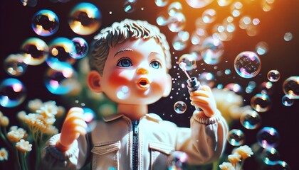 Young boy blowing bubbles in garden surrounded by flowers - obrazy, fototapety, plakaty