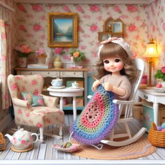 Doll knitting in a miniature cozy living room
