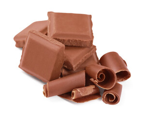 Delicious chocolate shavings and pieces isolated on white