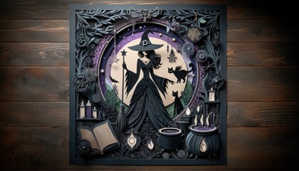 Artistic Halloween Witch and Themed Elements in Dark Setting
