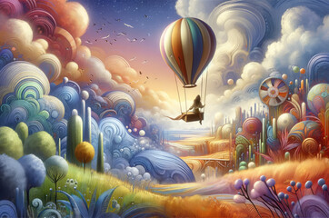 Fantasy Hot Air Balloon Adventure Over Surreal Landscape