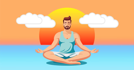 Vector cartoon handsome man with a beard and mustache, wearing a T-shirt and shorts, does yoga and sits in the lotus position. Sun and clouds. Spiritual practices.