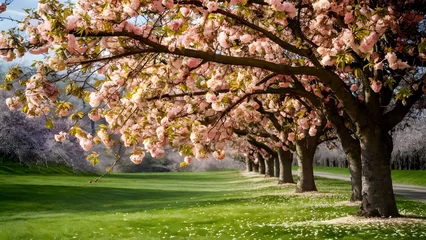 Gordijnen Spring season flowers with falling petal over blossom tree © Muhammad Ishaq
