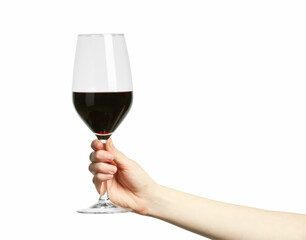Woman with glass of wine isolated on white, closeup