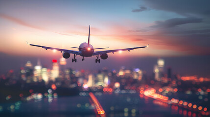 Airplane In Flight At Twilight With Blurred Cityscape