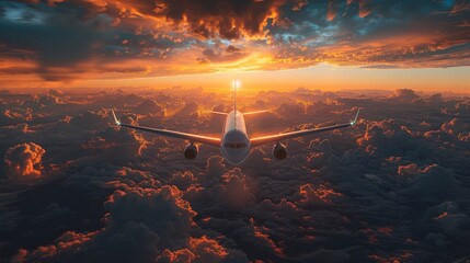 A flying passenger plane on the background of a dramatic sunset.