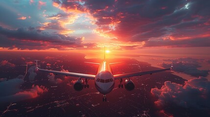 A flying passenger plane on the background of a dramatic sunset.