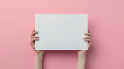 A woman's hands holding a blank white sign against a pink background. The sign is held up high and is in focus.