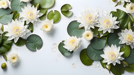 White water lilies and lily pads on white background with water droplets banner with copy space...