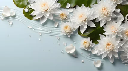 Foto op Canvas White water lilies and lily pads on white background with water droplets banner with copy space minimal and tranquil spa concept © Mockup Lab