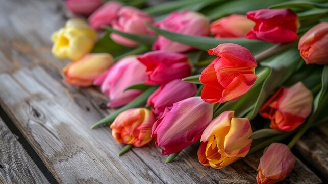 The image focuses on tulip flowers on a wooden table, highlighting the concepts of flora, gardening,