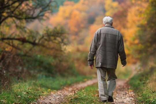 An old man walking along a country road in autumn. The concept of old age and loneliness.
