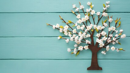 Spring white cherry blossom tree pastel mint wooden background