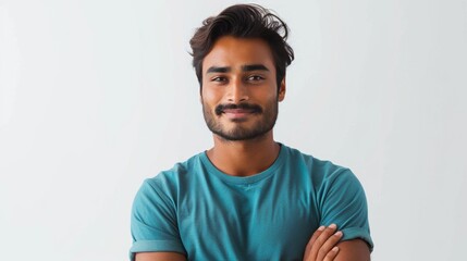 Portrait of a man of oriental appearance on a monochrome background. A Hindu man in a T-shirt.