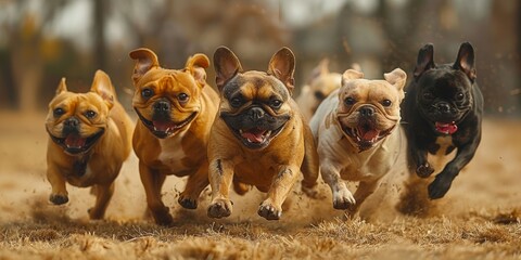 A group of happy puppies are running on the grass in the park.