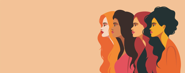 Vector banner portraits of women of different beauty culture and nationality, feminism, concept of the movement for gender equality and protection of women's rights