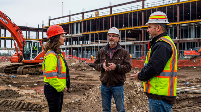 deux hommes et une femme en r&eacute;union de chantier sur un projet commercial