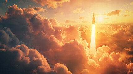 Rocket flying into space against the backdrop of a beautiful and bright sunset