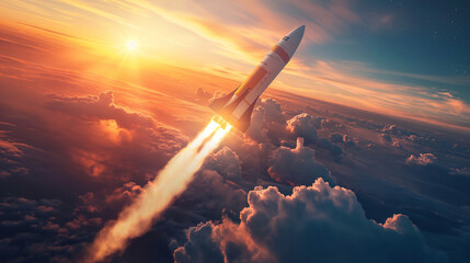 Rocket flying into space against the backdrop of a beautiful and bright sunset