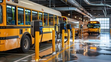 Bus charging station. School buses at the battery charging station. Eco transport.