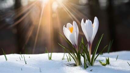 Springtime crocus flower emerges through snow in sunbeam backdrop - Powered by Adobe