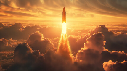 Rocket flying into space against the backdrop of a beautiful and bright sunset