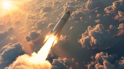 Rocket flying into space against the backdrop of a beautiful and bright sunset