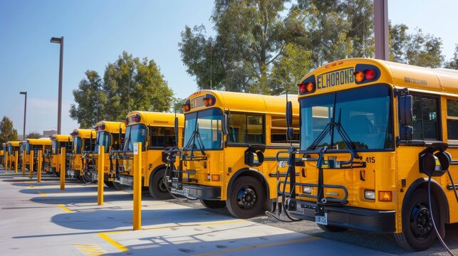 Bus charging station. School buses at the battery charging station. Eco transport.