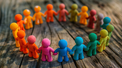 Plasticine men stand in a circle holding hands. Displaying friendship and love