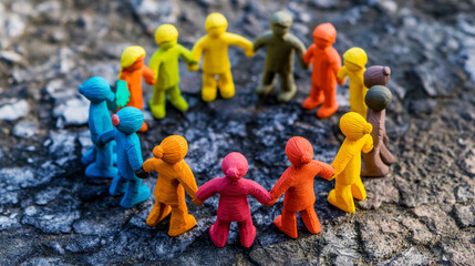 Plasticine men stand in a circle holding hands. Displaying friendship and love