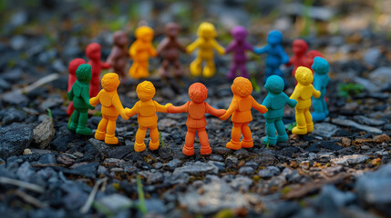 Plasticine men stand in a circle holding hands. Displaying friendship and love