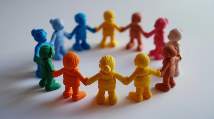 Plasticine men stand in a circle holding hands. Displaying friendship and love