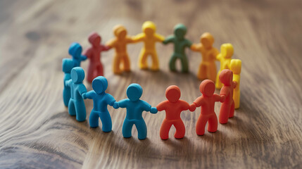 Plasticine men stand in a circle holding hands. Displaying friendship and love