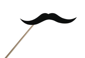 Fake paper mustache on stick against white background
