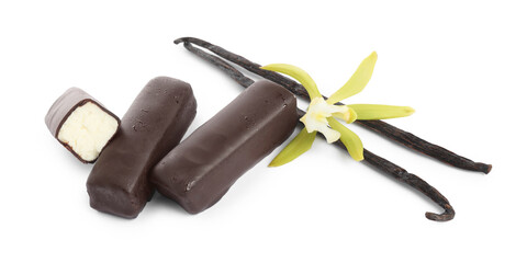 Glazed curd cheese bars, vanilla pods and flower isolated on white