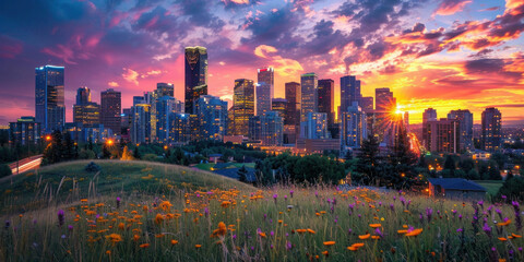 Vibrant Sunset Over the City of Calgary, Alberta, Canada showcasing the beautiful skyline and urban landscape at dusk