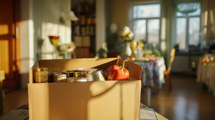 Large box with products from charity for pensioners and low-income people
