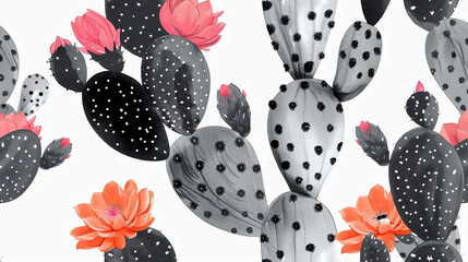 Abstract black and white agave, saguaro cactus with red cactus flowers wallpaper	
