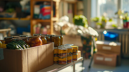 Large box with products from charity for pensioners and low-income people
