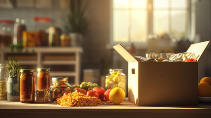 Large box with products from charity for pensioners and low-income people