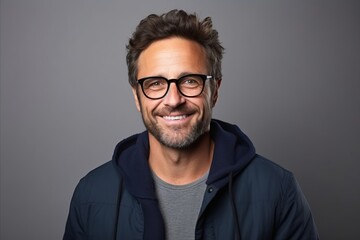 Portrait of a handsome man with glasses smiling at the camera. - obrazy, fototapety, plakaty