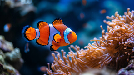 Naklejka na ściany i meble Bright clown fish swims among a variety of corals in the bright blue ocean