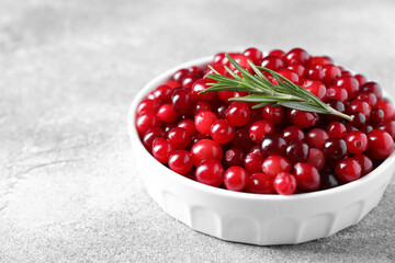 Fresh ripe cranberries and rosemary in bowl on grey table, closeup. Space for text