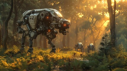 Robotic search dogs in forest terrain, accident scene, late afternoon, direct view, futuristic design. - obrazy, fototapety, plakaty
