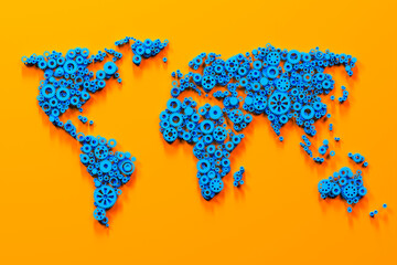 Global Connectivity Illustrated with Mechanized Gears Shaped World Map on Orange