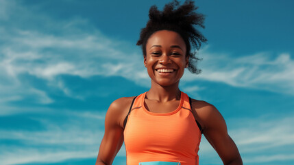 Fitness athlete during running, exercise and marathon training. Clear sky in the background